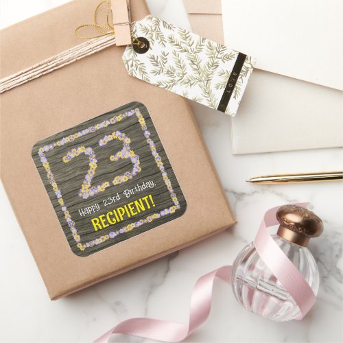 23rd Birthday Floral Number Faux Wood Look Name Square Sticker