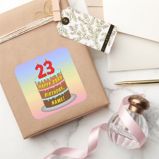 23rd Birthday: Fun Cake and Candles + Custom Name Square Sticker (Gifting)