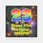 [ Thumbnail: 23rd Birthday: Fun Fireworks Pattern + Rainbow 23 Napkins ]