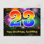 [ Thumbnail: 23rd Birthday – Fun Fireworks Pattern + Rainbow 23 Postcard ]