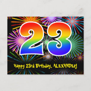 23rd Birthday – Fun Fireworks Pattern + Rainbow 23 Postcard