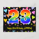 [ Thumbnail: 23rd Birthday: Fun Hearts Pattern, Rainbow 23 Postcard ]