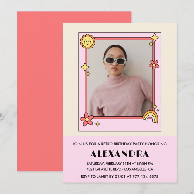 23rd birthday invitation Retro Groovy Pink Floral (Front/Back)