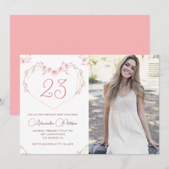 23rd birthday invitations Boho Floral Photo (Front/Back)