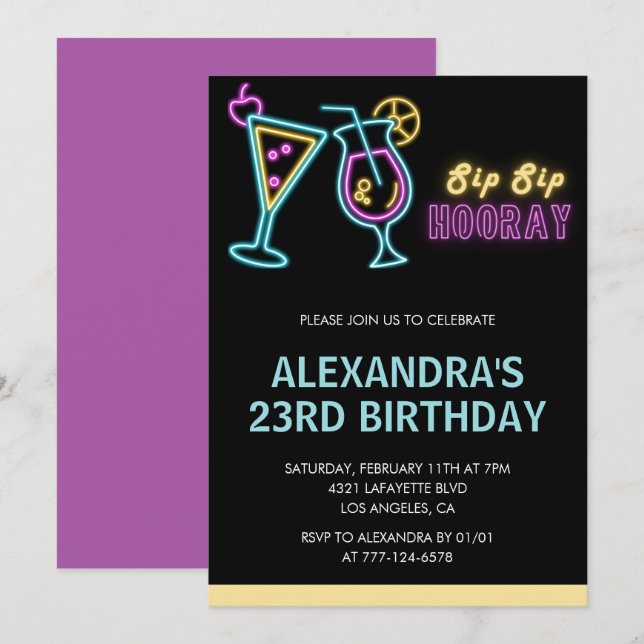 23rd birthday invitations Cocktail Neon Glow (Front/Back)