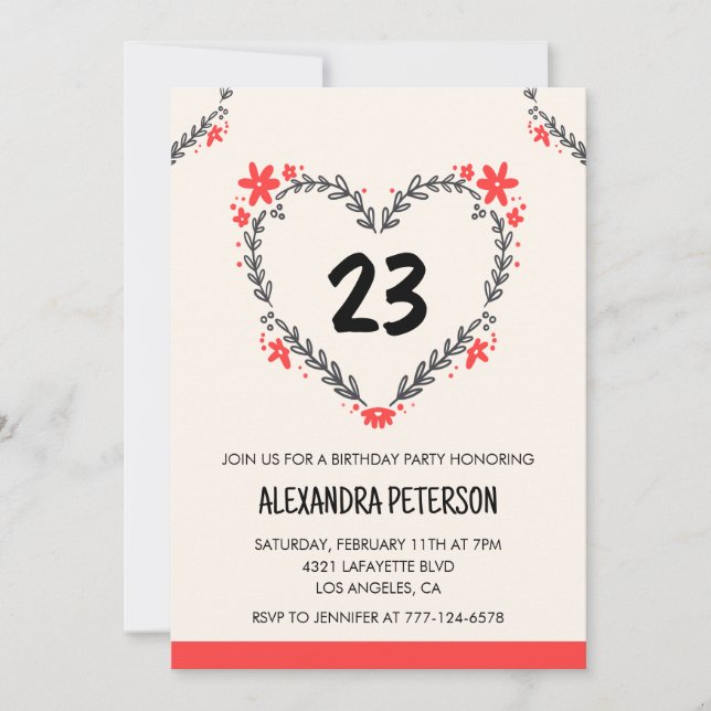 23rd birthday invitations for her floral heart (Front)