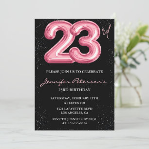 23rd birthday invitations Pink Balloon Glam Black