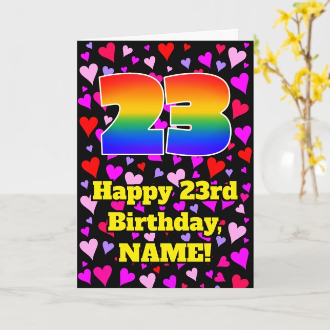 23rd Birthday: Loving Hearts Pattern, Rainbow # 23 Card (Yellow Flower)