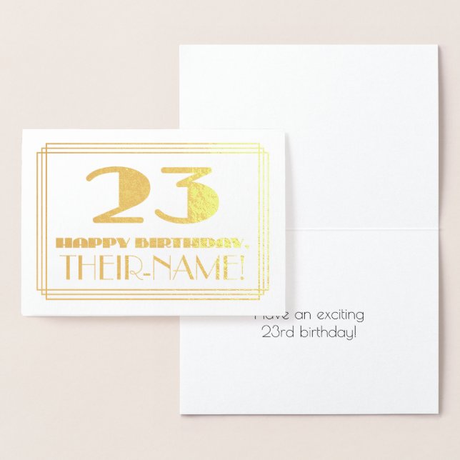 23rd Birthday; Name + Art Deco Inspired Look "23" Foil Card (Display)