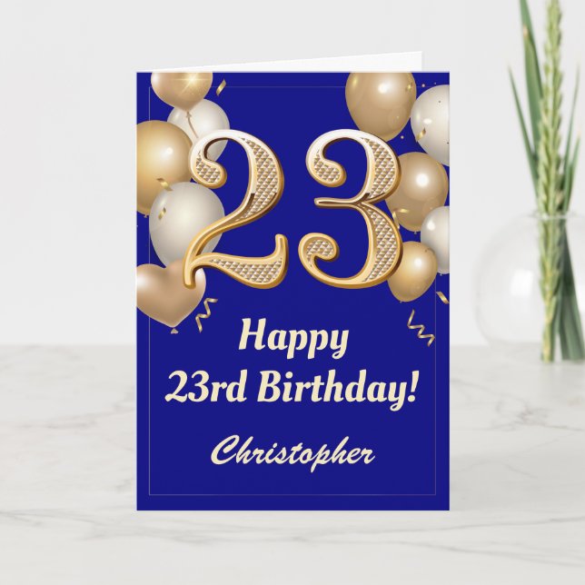 23rd Birthday Navy Blue and Gold Balloons Confetti Card (Front)