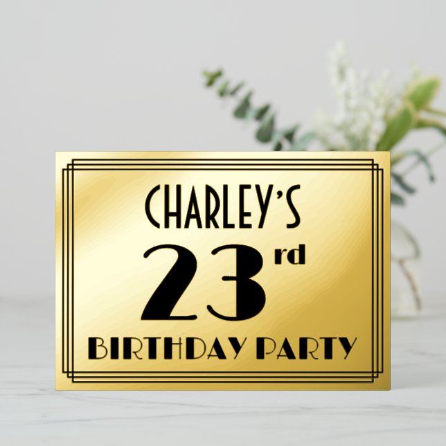 23rd Birthday Party — Art Deco Look “23” + Name Foil Invitation (Standing Front)