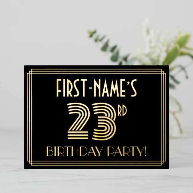 23rd Birthday Party — Art Deco Style “23” + Name Foil Invitation (Standing Front)