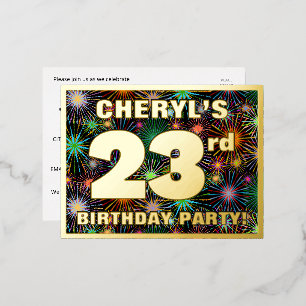 23rd Birthday Party: Bold, Colorful Fireworks Look Foil Invitation Postcard