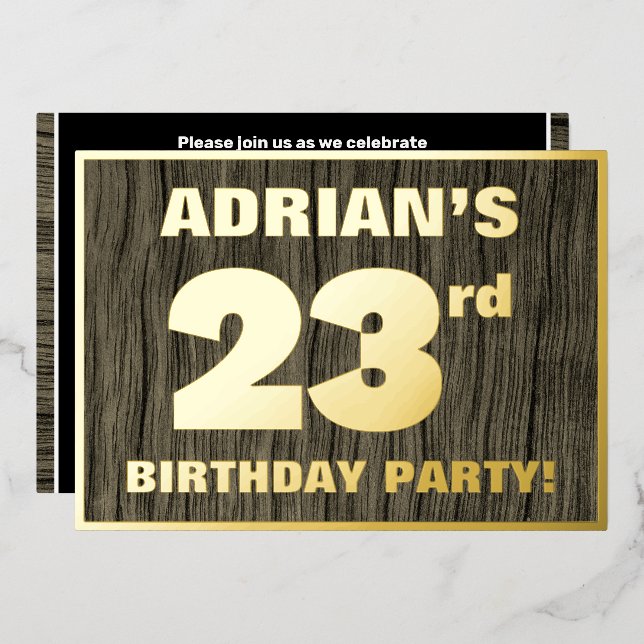 23rd Birthday Party: Bold, Faux Wood Grain Pattern Foil Invitation (Front/Back)