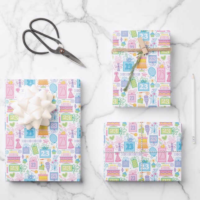 23rd Birthday Pastel Pink Cake Presents Balloons Wrapping Paper Sheets (Front)