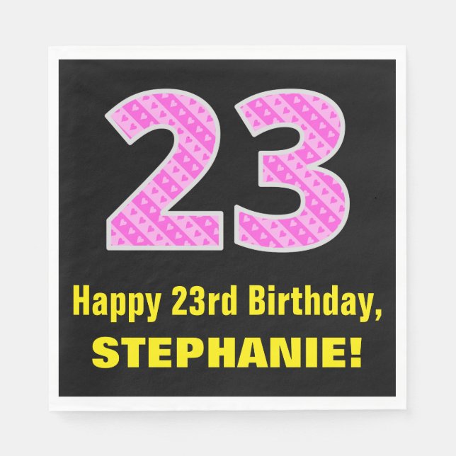 23rd Birthday: Pink Stripes and Hearts "23" + Name Napkins (Front)