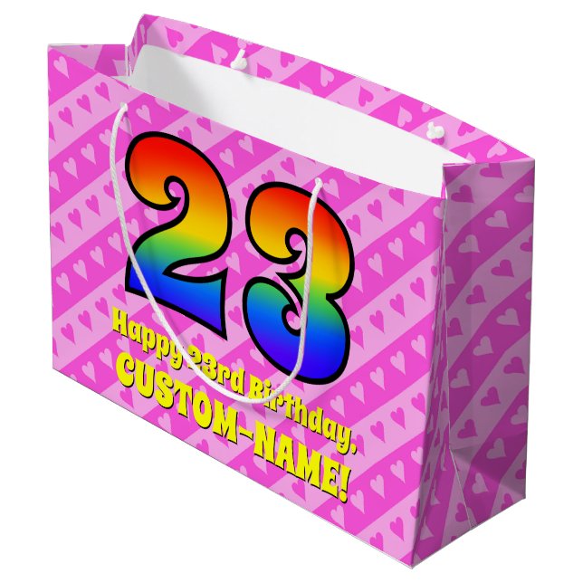 23rd Birthday: Pink Stripes & Hearts, Rainbow # 23 Large Gift Bag (Back Angled)