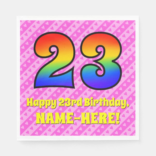 23rd Birthday: Pink Stripes & Hearts, Rainbow # 23 Napkins (Front)