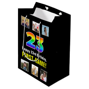23rd Birthday: Rainbow “23“, Custom Photos & Name Medium Gift Bag