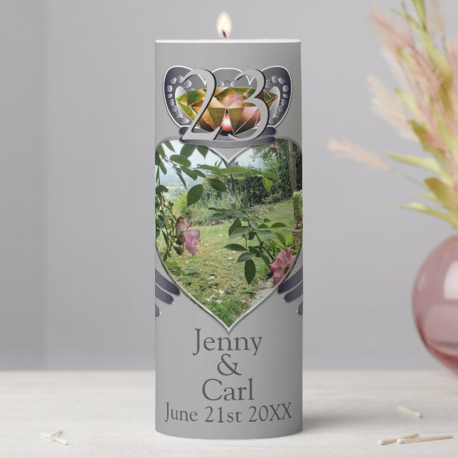 23rd Wedding Anniversary Photo Claddaugh Plaque Pillar Candle (In Situ)
