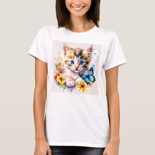24064_Kitty Kat with flowers and butterflies T_Shirt
