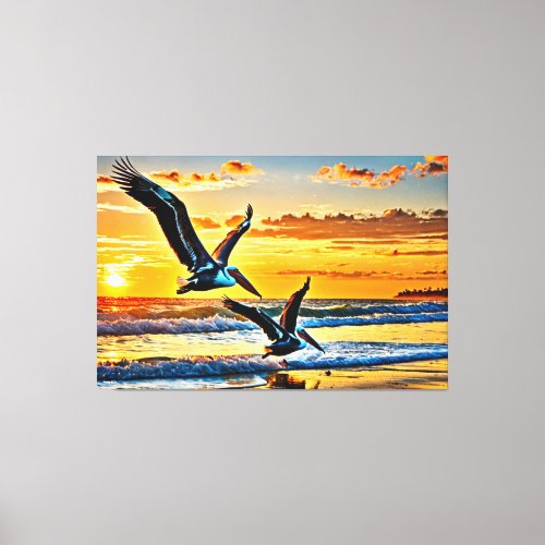 24_017 Pelicans Flying Sunset Beach Canvas Print