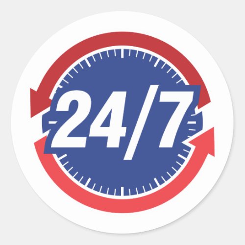 247 Hours Symbol w Clock Face  Time Arrows Classic Round Sticker