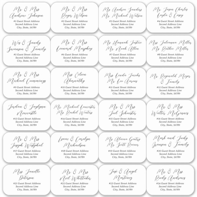24 Individual Black Wedding Guest Address Labels (Front)