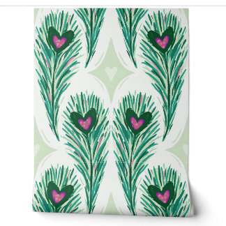 24" Peacock Feather with Pink Heart - Green Wallpaper