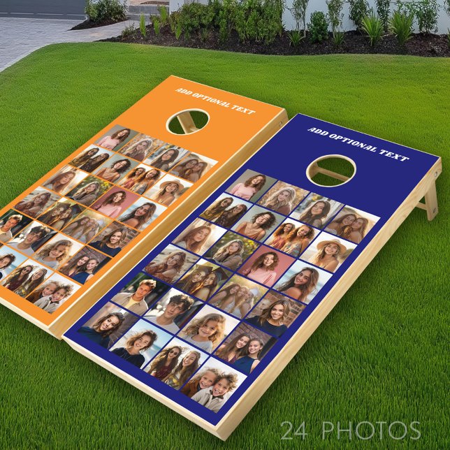 24 Photo Collage - Custom Text - Blue and Orange Cornhole Set (Custom Cornhole with Photo Collage)
