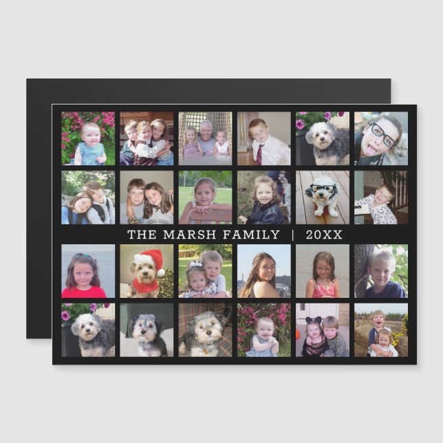 24 Photo Collage Family Name - black fridge magnet (Front/Back)