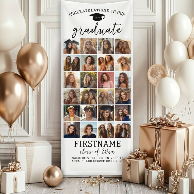 24 Photo Collage Graduation Modern Minimal White Banner (Custom Graduation Banner - Great for a backdrop or Grad Party Decoration)