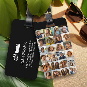 24 Photo Collage Grid - black with white text Luggage Tag