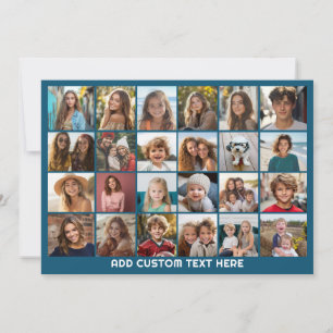 24 Photo Collage with Custom Text - Blue Holiday Card