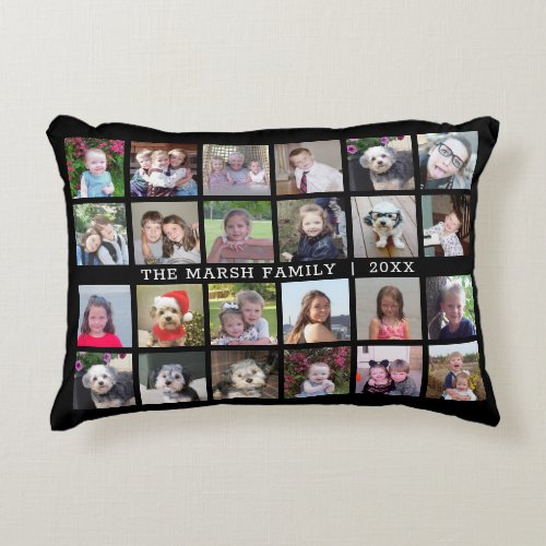 24 Photo Collage with Family Name Date _ black Accent Pillow