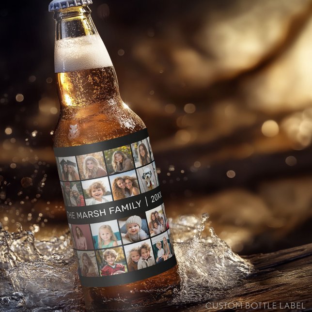 24 Photo Collage with Family Name Date - black Beer Bottle Label (Custom Photo Collage on a Food and Beverage Label)