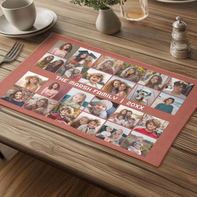 24 Photo Collage with Family Name Date - black Cloth Placemat (Photo Collage Cloth Placemat)