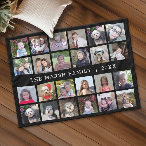 24 Photo Collage with Family Name Date _ black Fleece Blanket