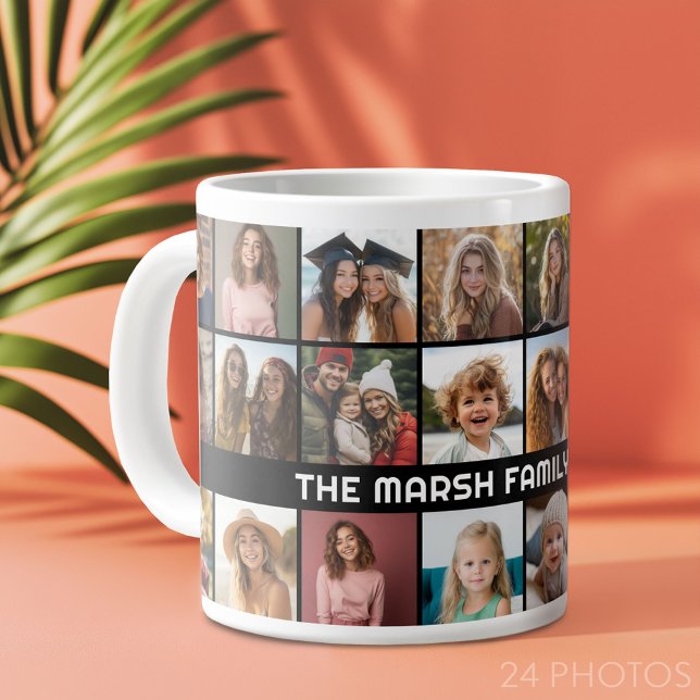 24 Photo Collage with Family Name Date black Giant Coffee Mug (Custom Photo Collage Mug)
