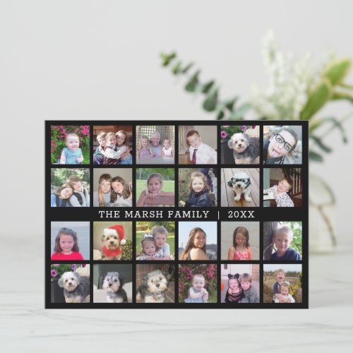 24 Photo Collage with Family Name Date _ black Holiday Card