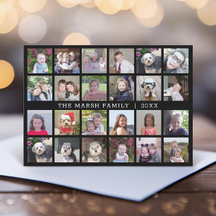 24 Photo Collage with Family Name Date - black Holiday Card