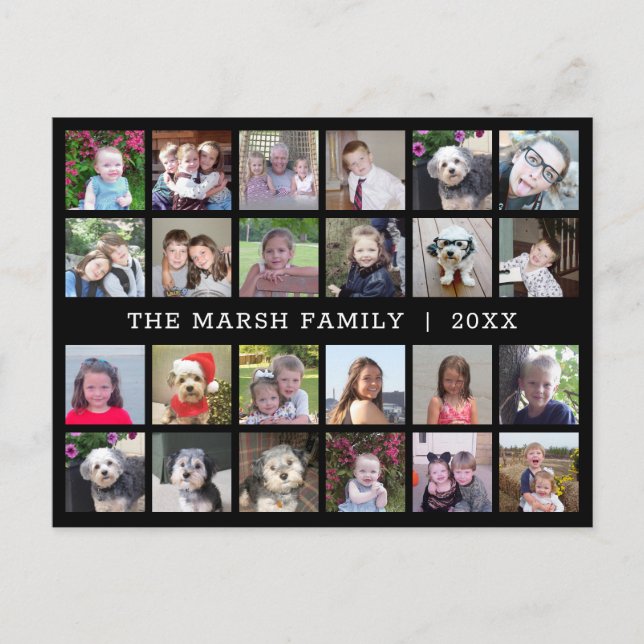 24 Photo Collage with Family Name Date - black Holiday Postcard (Front)