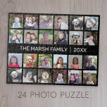 24 Photo Collage with Family Name Date - black Jigsaw Puzzle<br><div class="desc">A 24 photo grid with plenty of room for many photos and custom text. Add your favorite pics to this fun template. You can use square photos or any photos for this grid. For best results, crop your photos into squares before uploading. If you would like to change the colors...</div>