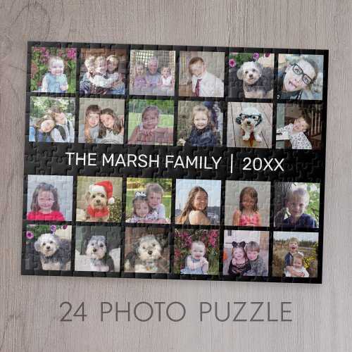 24 Photo Collage with Family Name Date _ black Jigsaw Puzzle