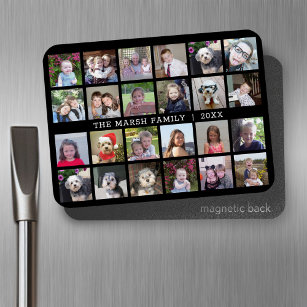 24 Photo Collage with Family Name Date - black Magnet