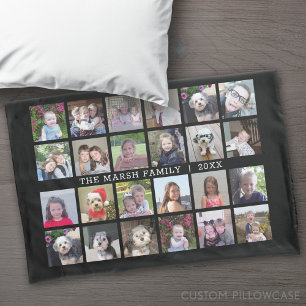 24 Photo Collage with Family Name Date - black Pillow Case