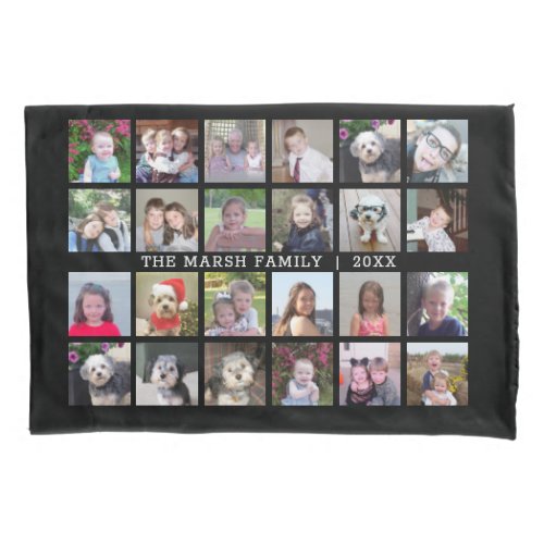 24 Photo Collage with Family Name Date _ black Pillow Case