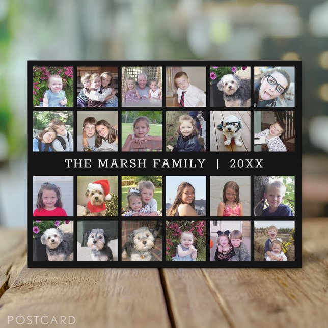 24 Photo Collage with Family Name Date - black Postcard (Custom Personalized Photo Collage Postcard)