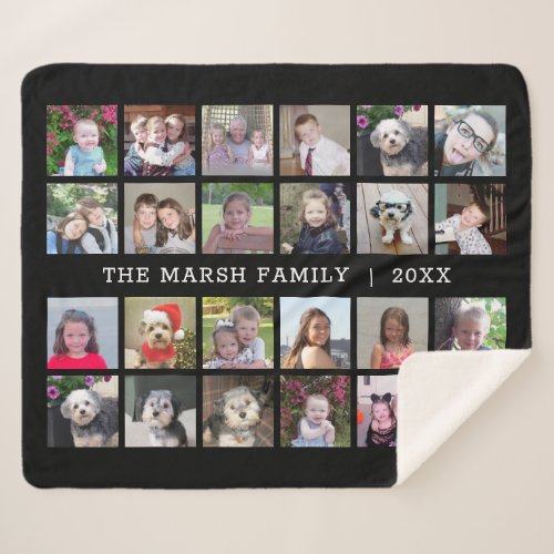 24 Photo Collage with Family Name Date _ black Sherpa Blanket