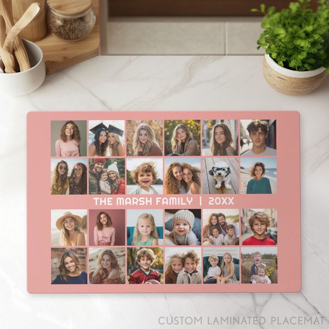 24 Photo Collage with Family Name Date - coral Placemat (Photo Collage Placemat)